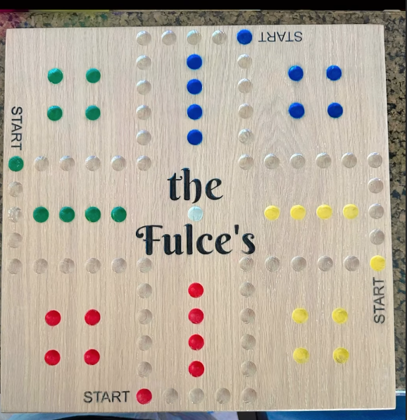 Personalized hardwood game board made for the Fulce family